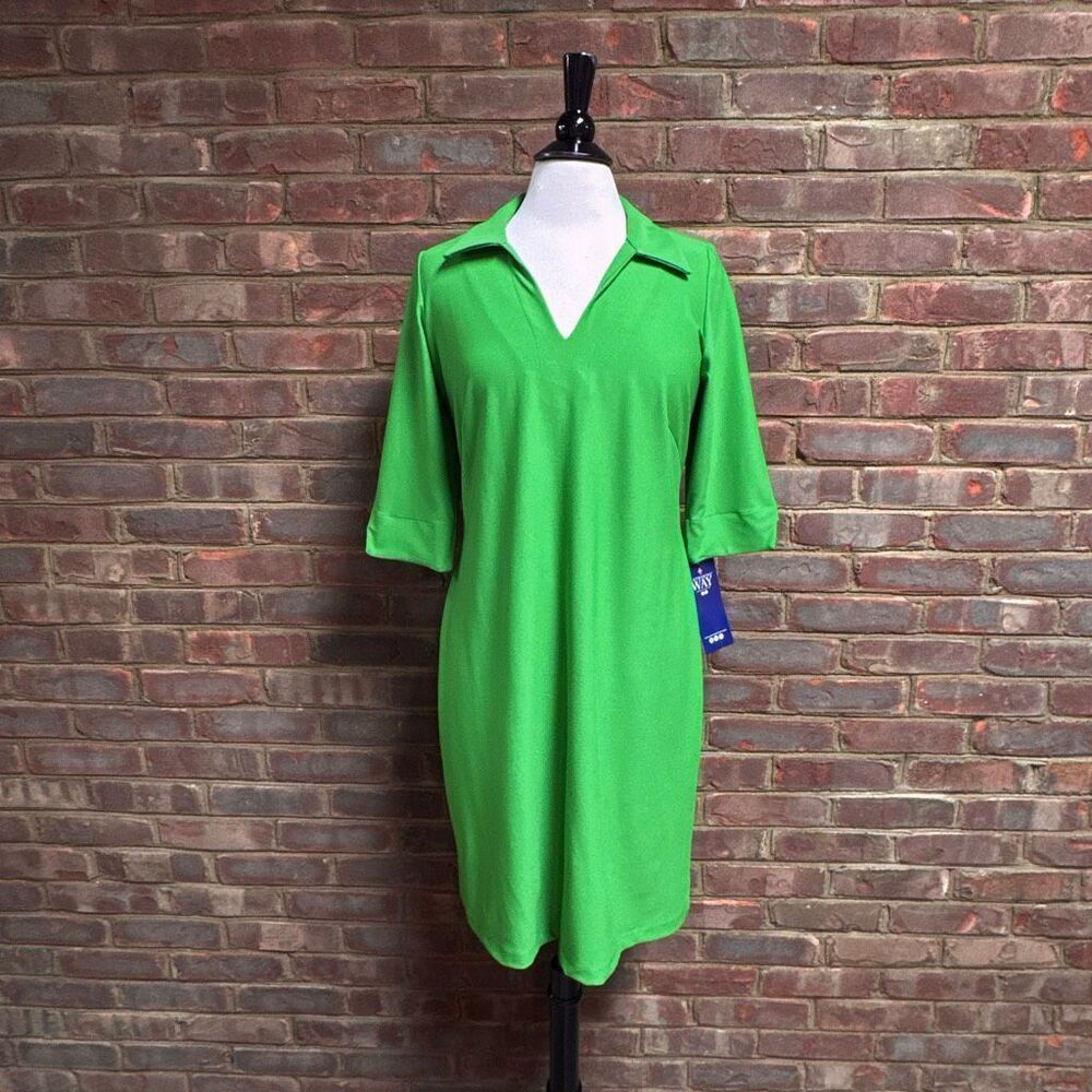 Katherine Way Women’s Green Collared Quarter Sleeve Sheath Dress Sz M NEW